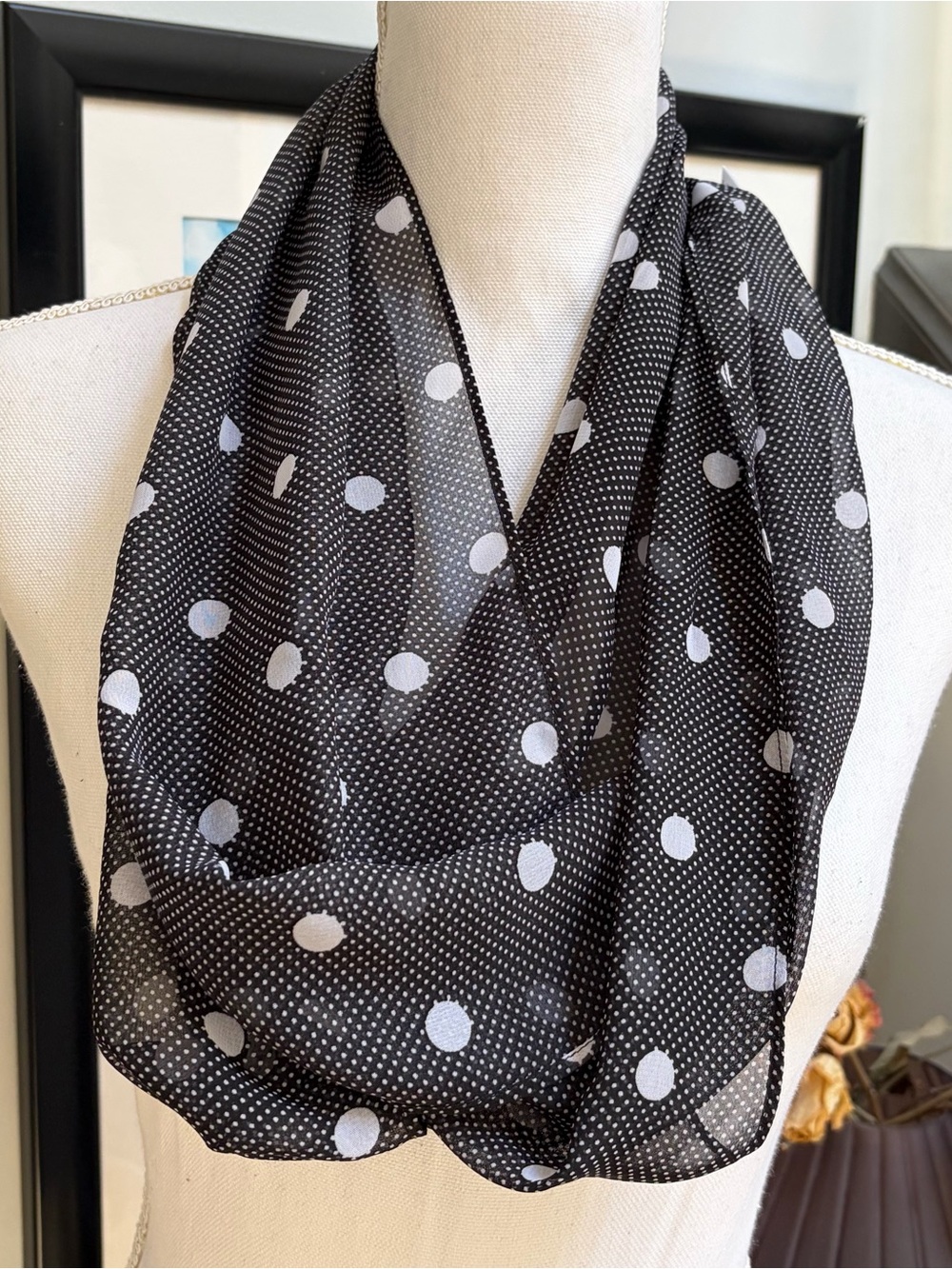 Black Polka Dot Scarf - Lightweight Women's Fashion Accessory